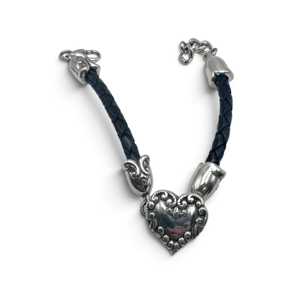 Vintage Brighton Black Braided Leather Silver Heart Bracelet Adjustable 7-8"